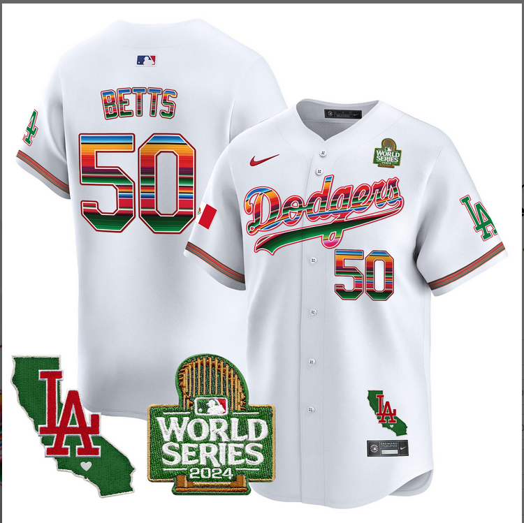 Men MLB Mexico Los Angeles Dodgers 50 betts white 2024 World Series Champions Patch Jersey 20241105